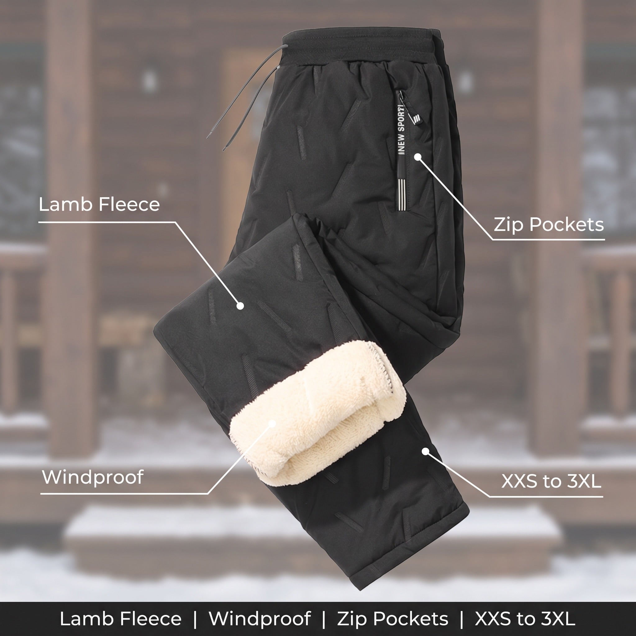 Pantalones jogger térmicos unisex con forro de lana de cordero, cortavientos y bolsillos con cremallera