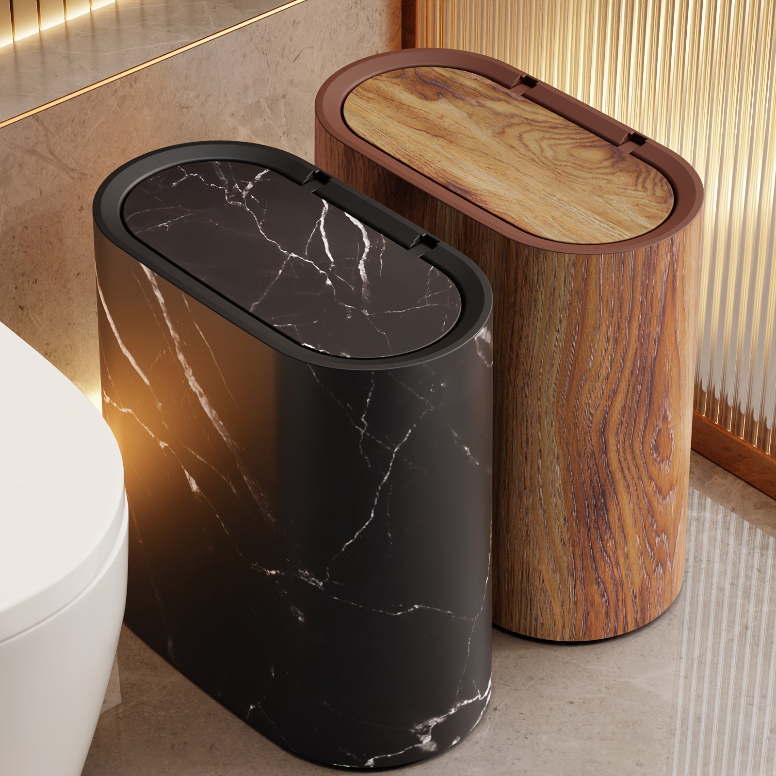 Papelera con patrón de mármol para baño y cocina con tapa