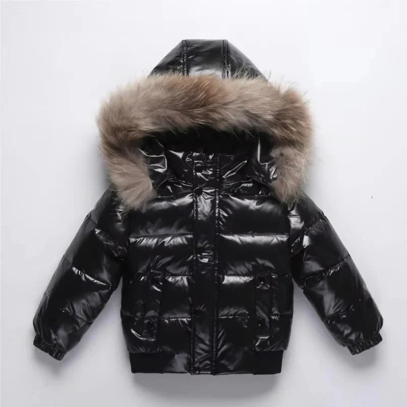 Parka de invierno para niños con capucha de piel auténtica y aislamiento de plumón