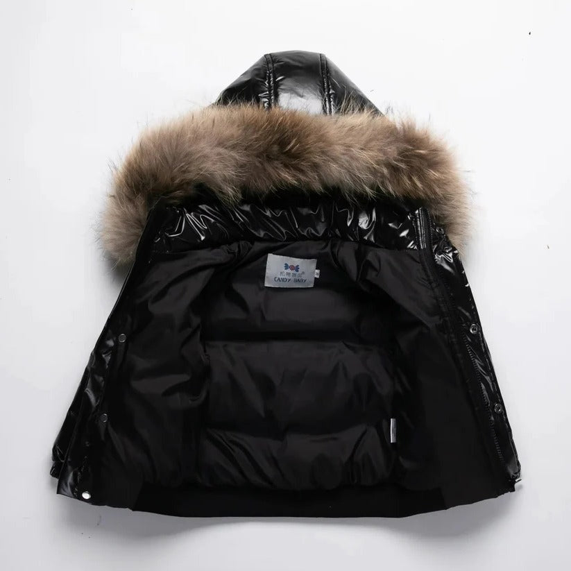 Parka de invierno para niños con capucha de piel auténtica y aislamiento de plumón