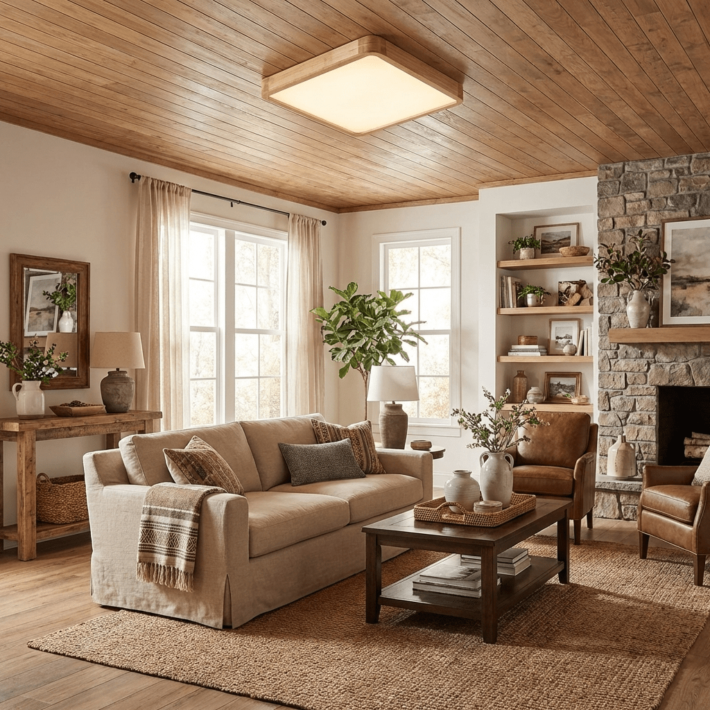 Plafón LED de techo de madera con diseño geométrico