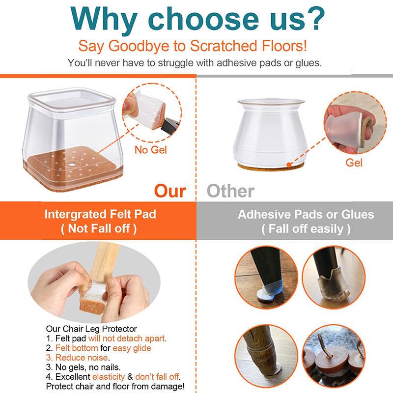 Protectores de silicona transparente para patas de silla con almohadillas de fieltro integradas