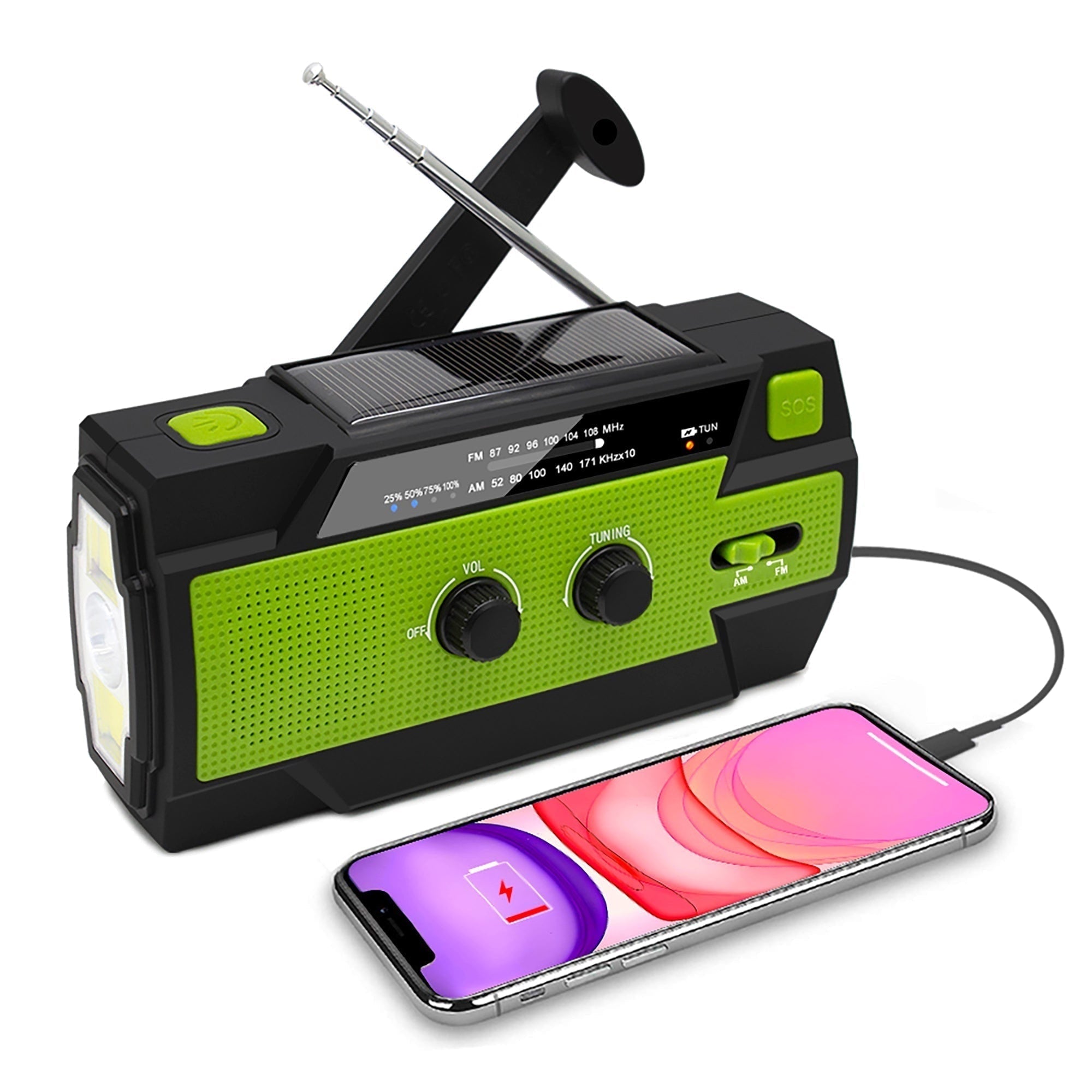 Radio de emergencia con manivela, panel solar, AM/FM y linterna LED