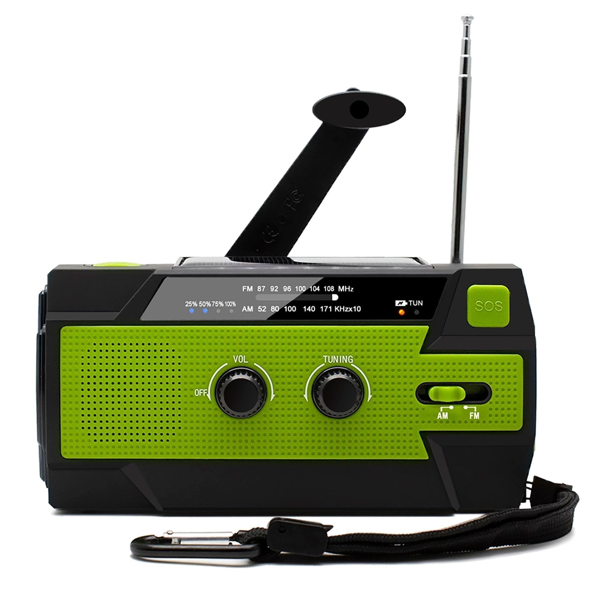 Radio de emergencia con manivela, panel solar, AM/FM y linterna LED