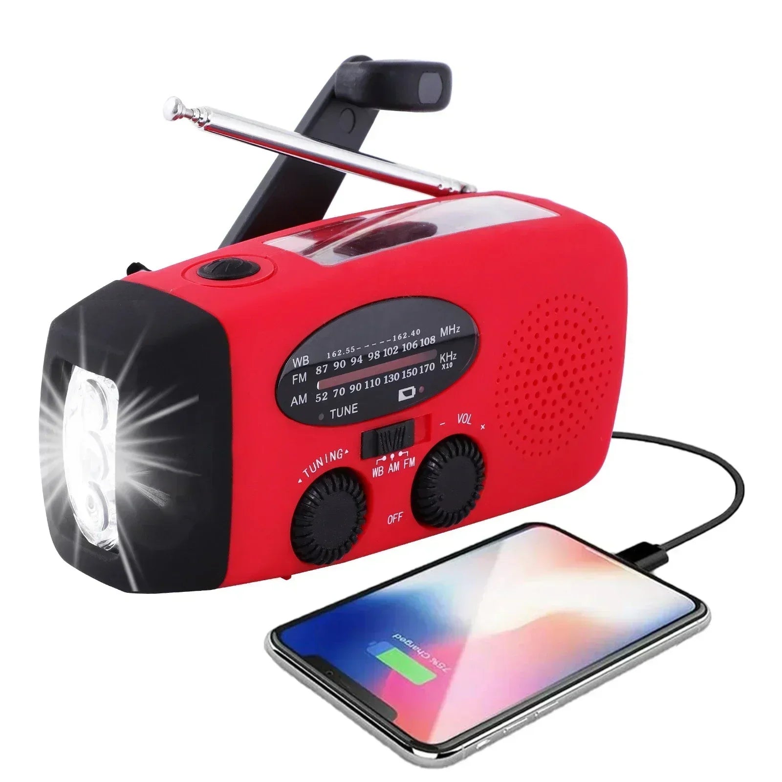 Radio de emergencia portátil con carga y alertas meteorológicas
