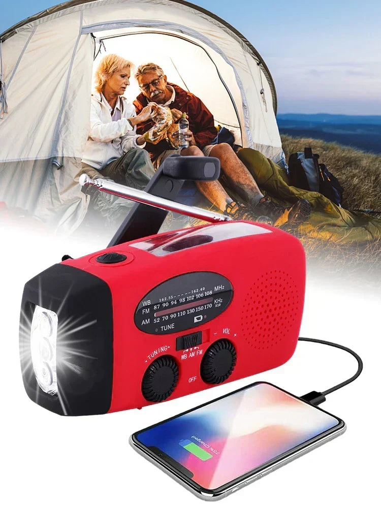 Radio de emergencia portátil con carga y alertas meteorológicas