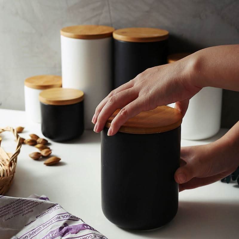 Recipiente de almacenamiento de alimentos de cerámica con tapa hermética de bambú