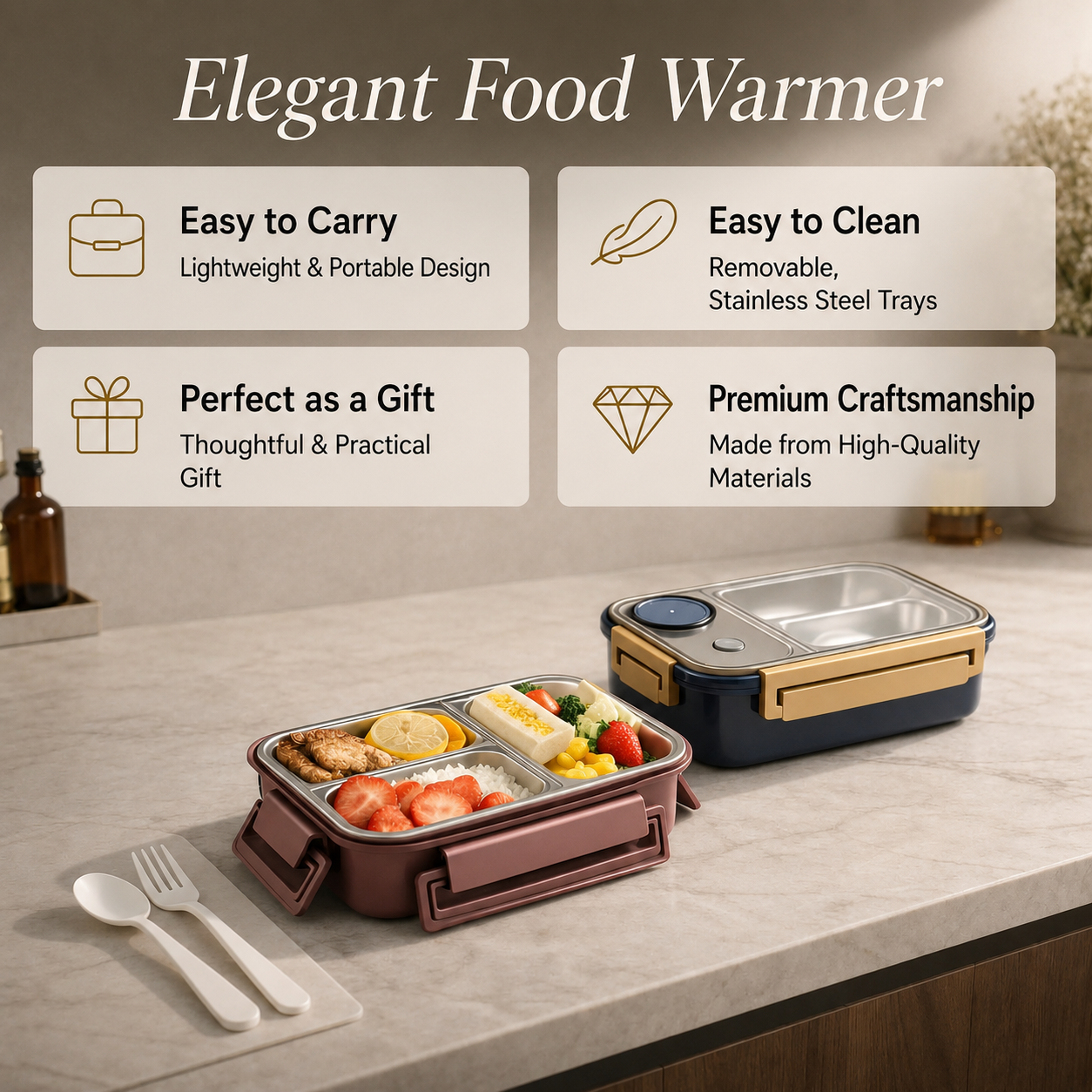 Recipiente térmico para comida multicompartimento de acero inoxidable con cierre hermético de clic Warmpack