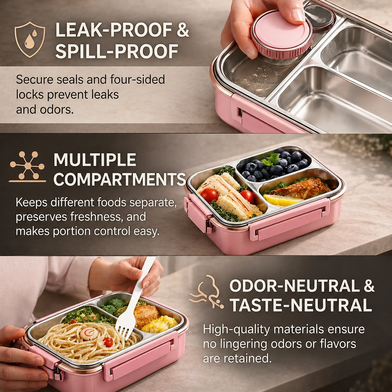 Recipiente térmico para comida multicompartimento de acero inoxidable con cierre hermético de clic Warmpack