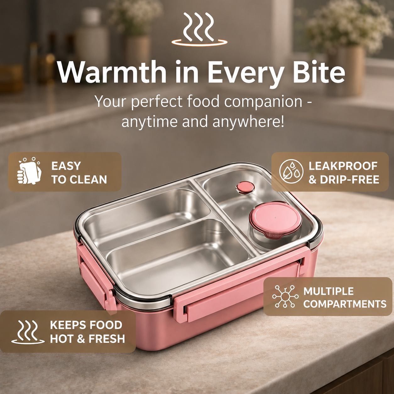 Recipiente térmico para comida multicompartimento de acero inoxidable con cierre hermético de clic Warmpack