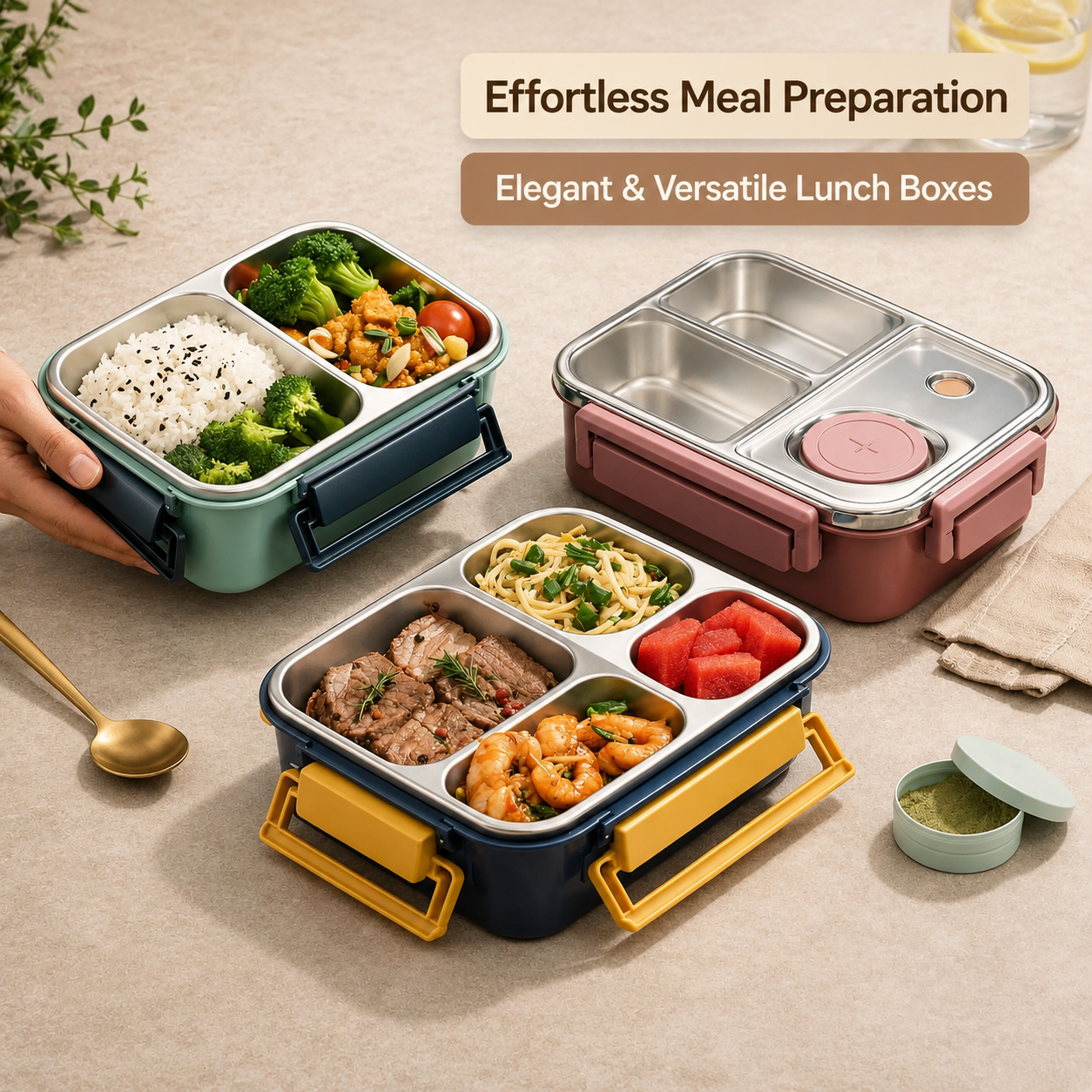 Recipiente térmico para comida multicompartimento de acero inoxidable con cierre hermético de clic Warmpack
