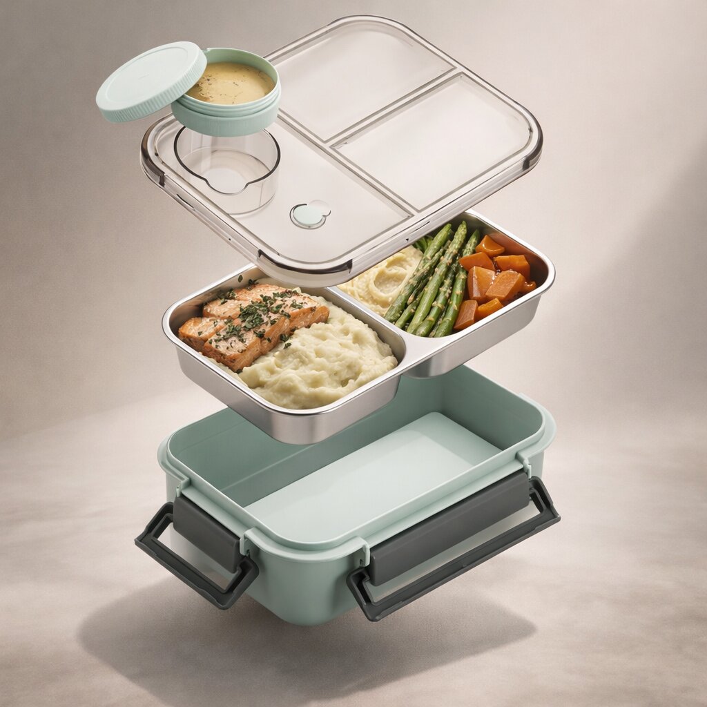 Recipiente térmico para comida multicompartimento de acero inoxidable con cierre hermético de clic Warmpack