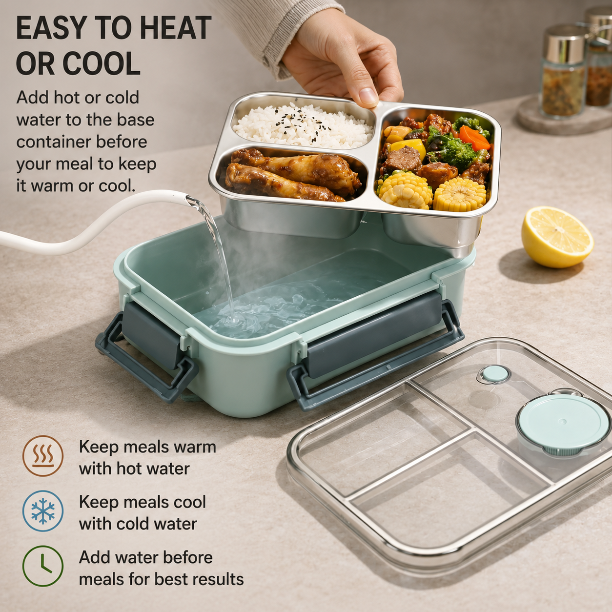 Recipiente térmico para comida multicompartimento de acero inoxidable con cierre hermético de clic Warmpack