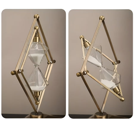 Reloj de arena con estructura geométrica de metal – Temporizador de meditación con arena blanca