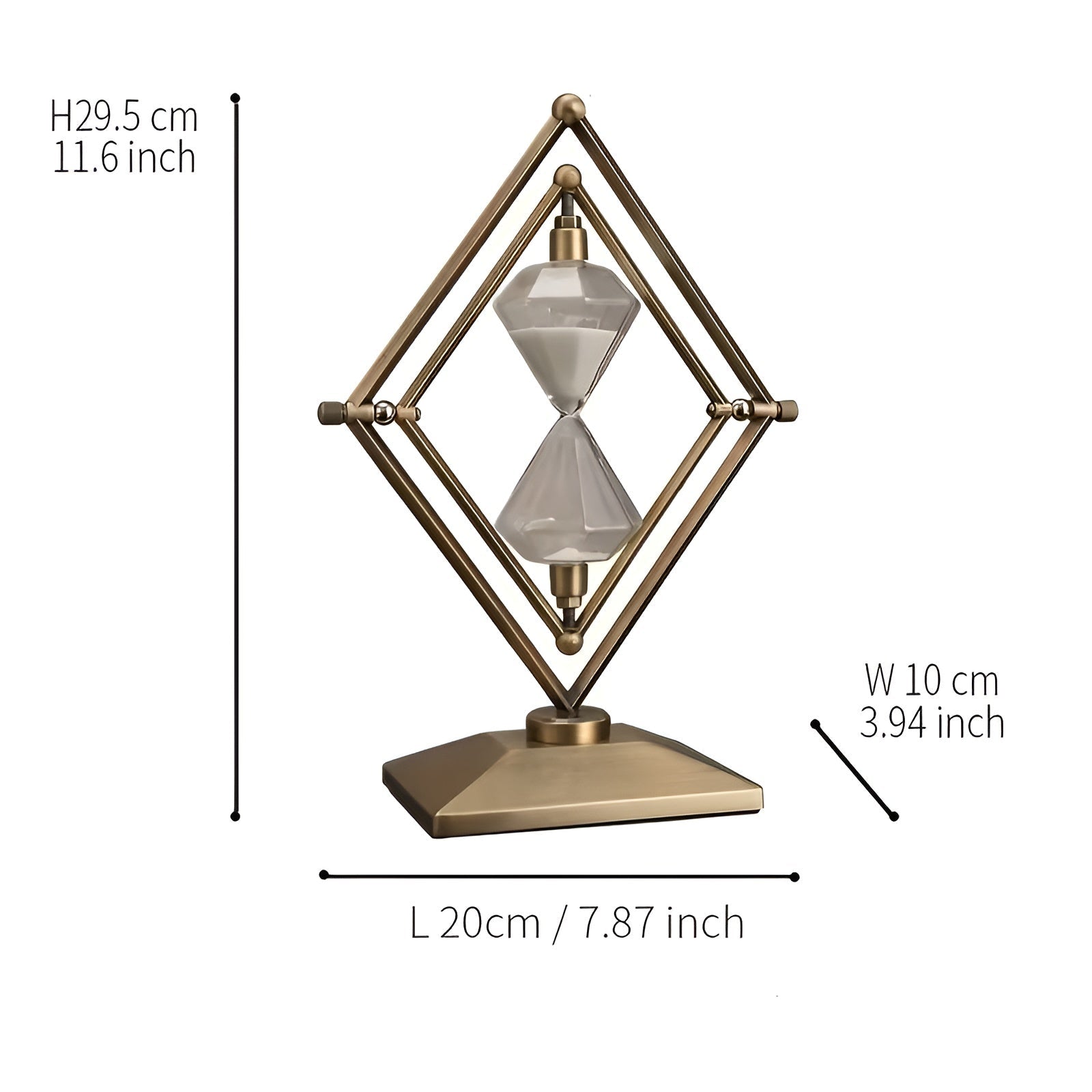 Reloj de arena con estructura geométrica de metal – Temporizador de meditación con arena blanca