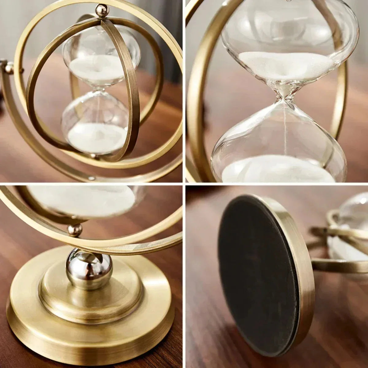 Reloj de arena con marco giratorio de anillos y pedestal con patas