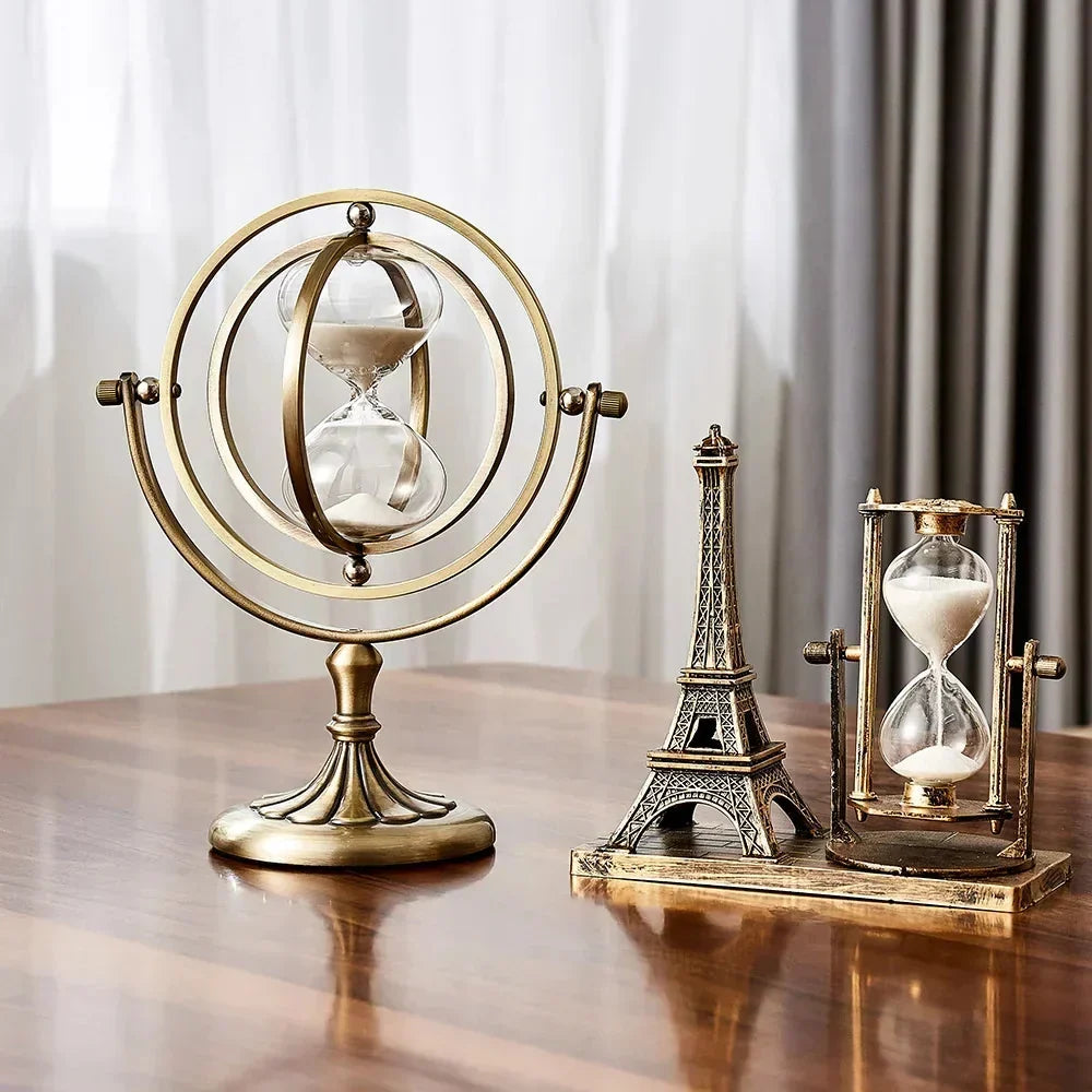Reloj de arena con marco giratorio de anillos y pedestal con patas