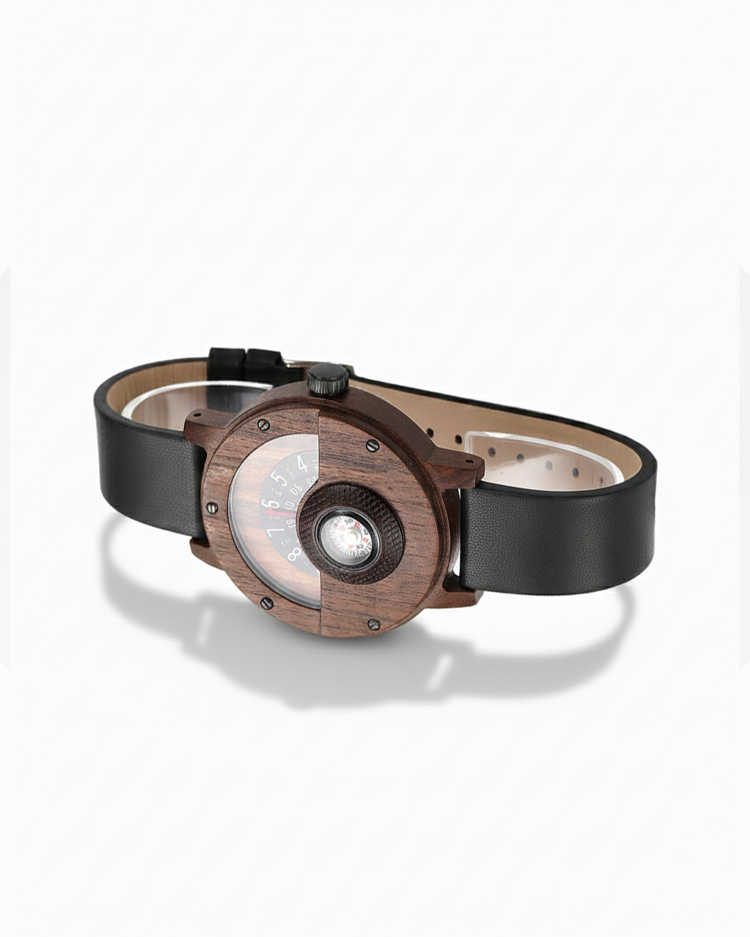Reloj de madera y piel con brújula para hombre