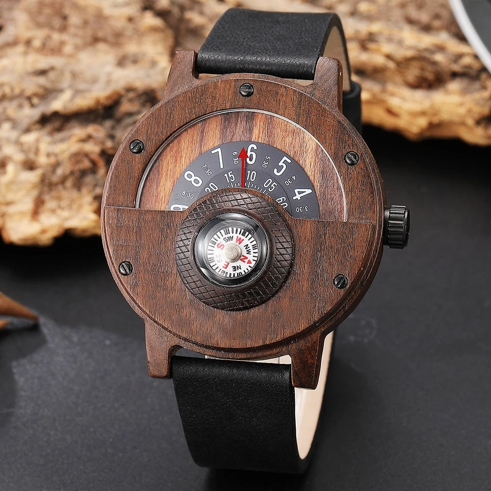 Reloj de madera y piel con brújula para hombre
