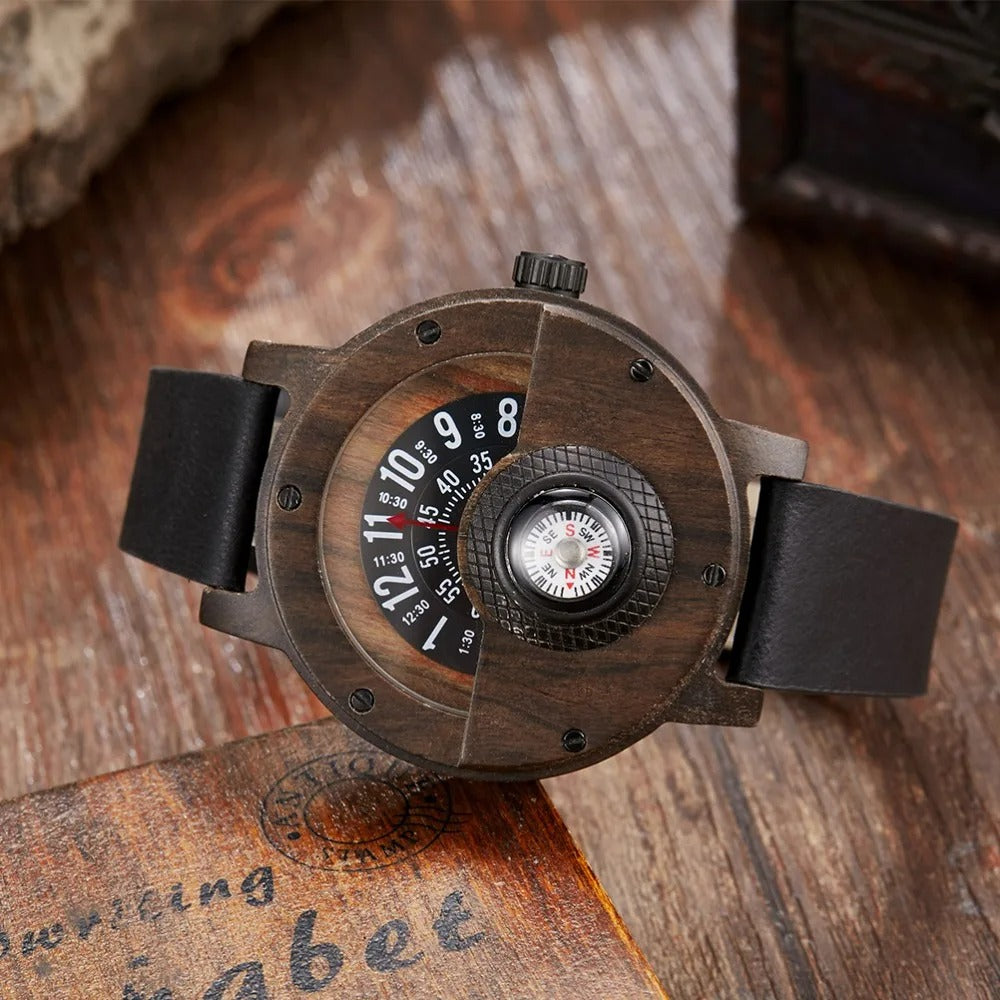 Reloj de madera y piel con brújula para hombre