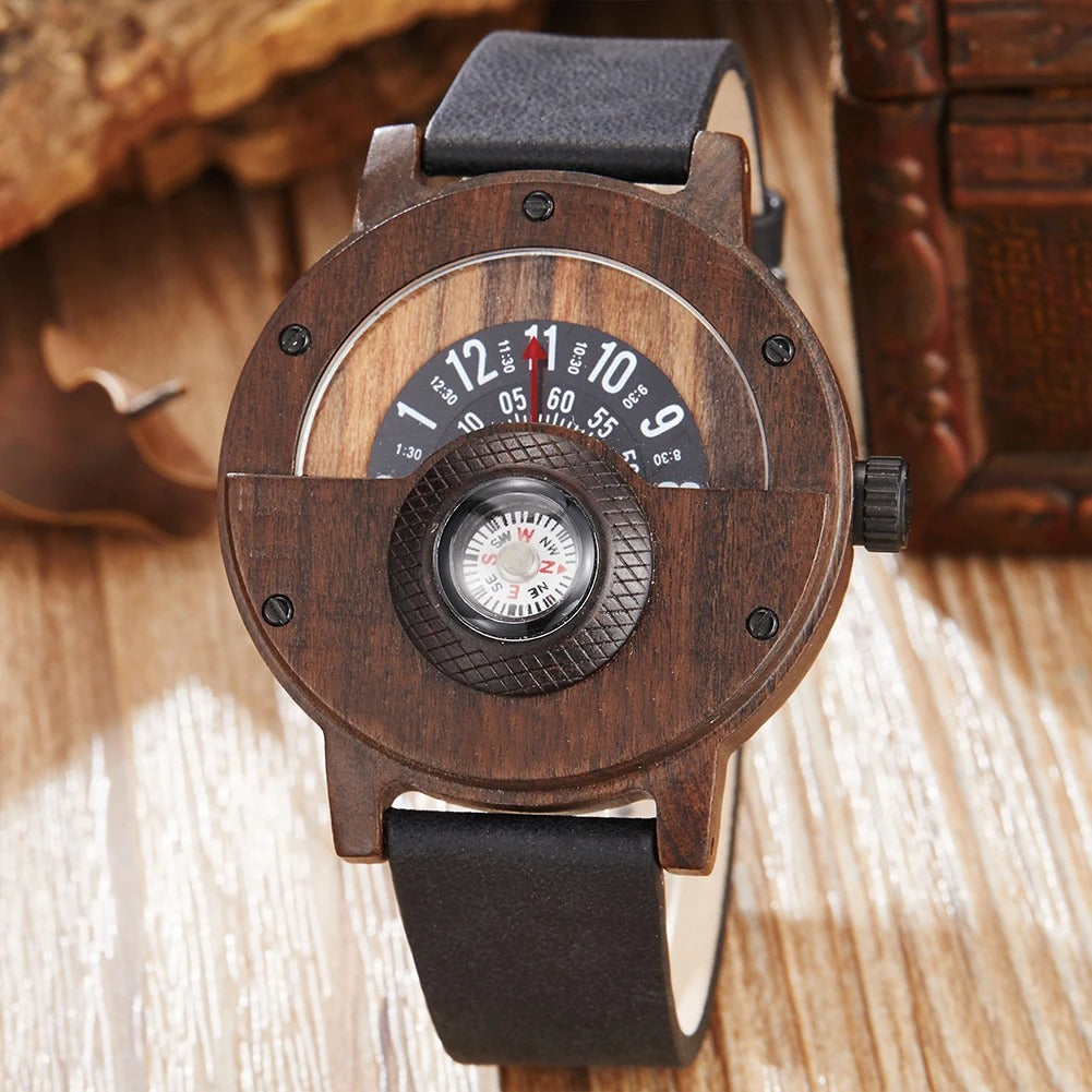 Reloj de madera y piel con brújula para hombre