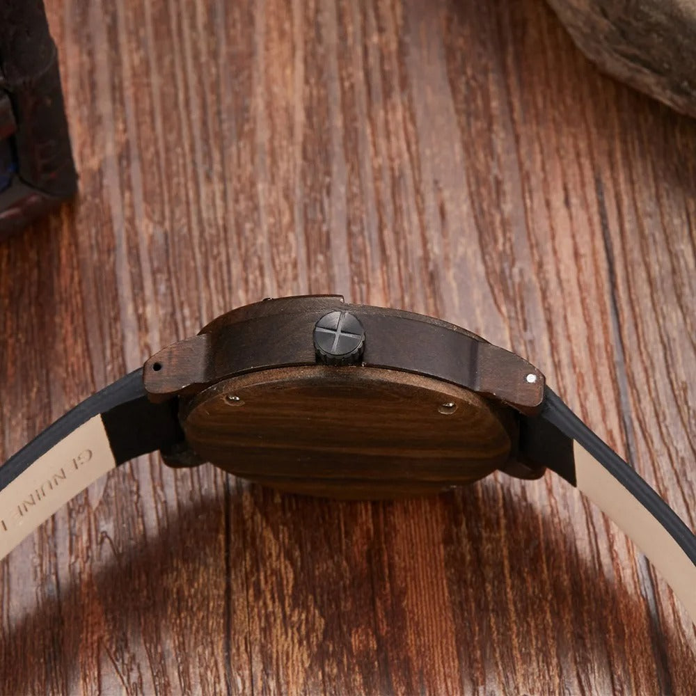 Reloj de madera y piel con brújula para hombre