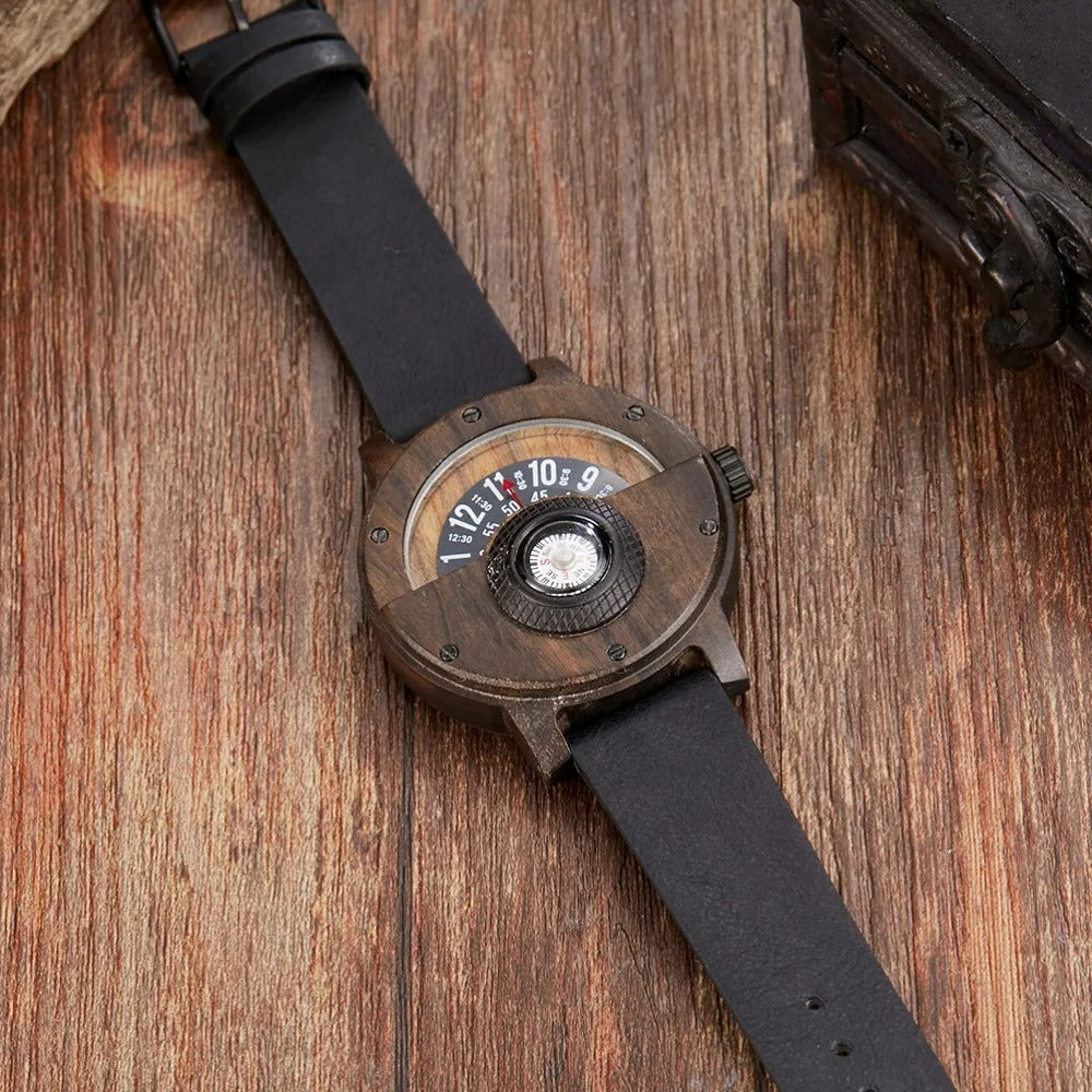 Reloj de madera y piel con brújula para hombre