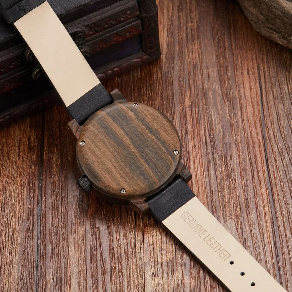 Reloj de madera y piel con brújula para hombre