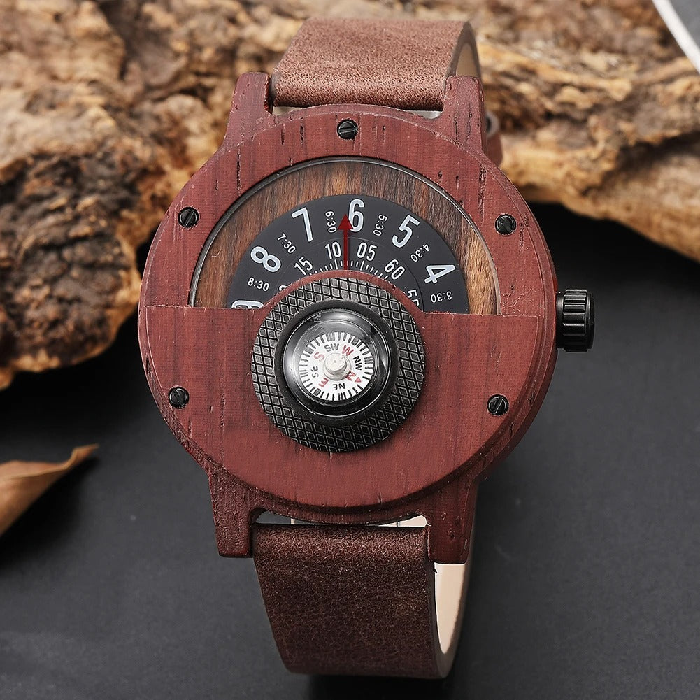 Reloj de madera y piel con brújula para hombre