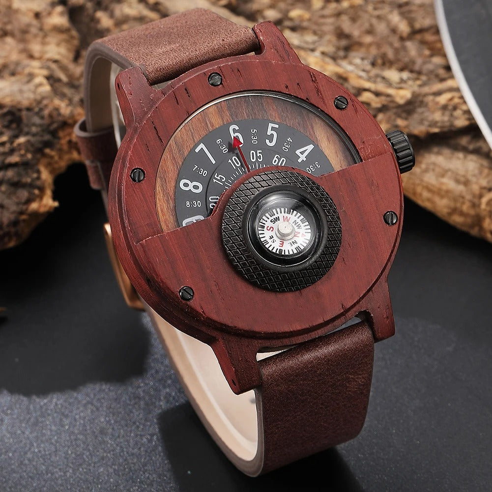 Reloj de madera y piel con brújula para hombre