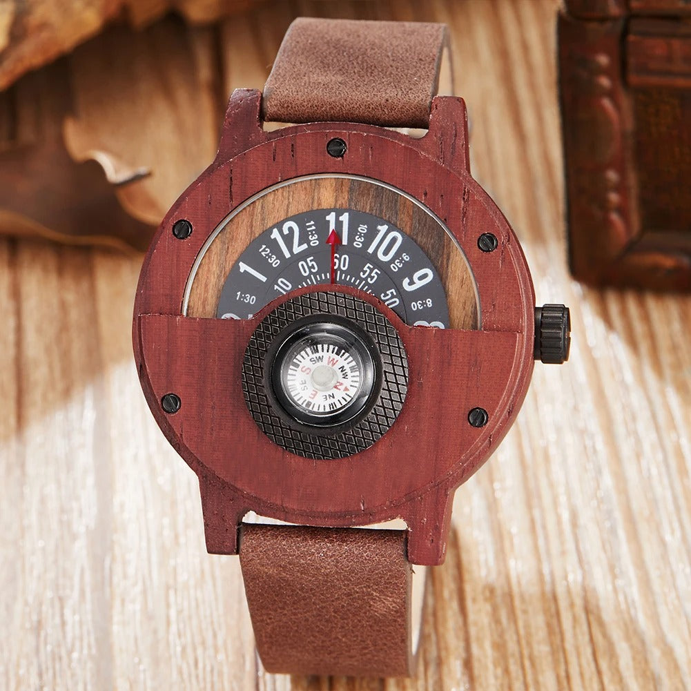 Reloj de madera y piel con brújula para hombre