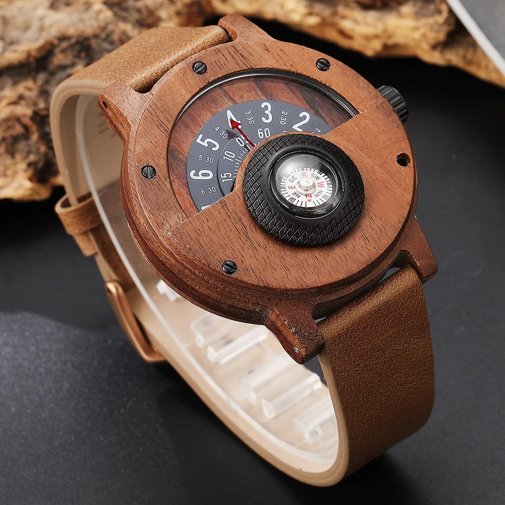 Reloj de madera y piel con brújula para hombre