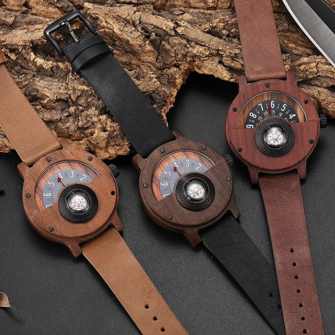 Reloj de madera y piel con brújula para hombre