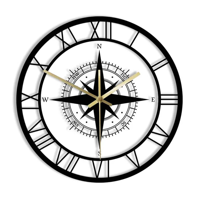 Reloj de pared | Esfera de brújula y rosa de los vientos | Marco de metal