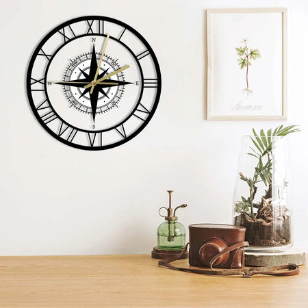 Reloj de pared | Esfera de brújula y rosa de los vientos | Marco de metal