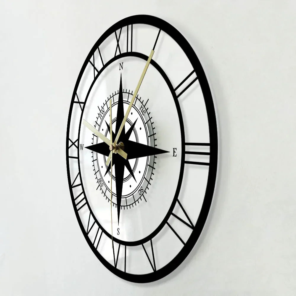 Reloj de pared | Esfera de brújula y rosa de los vientos | Marco de metal