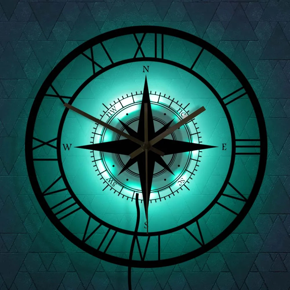 Reloj de pared | Esfera de brújula y rosa de los vientos | Marco de metal