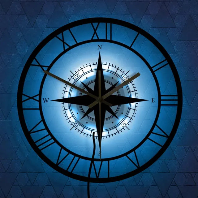 Reloj de pared | Esfera de brújula y rosa de los vientos | Marco de metal