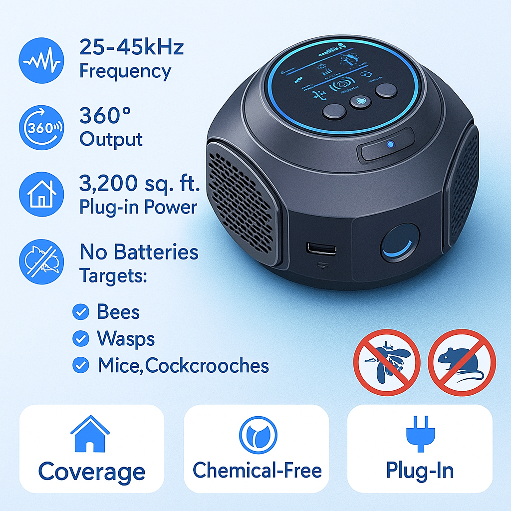 Repelente ultrasónico de abejas y avispas sin químicos con cobertura 360° para hogar y exterior