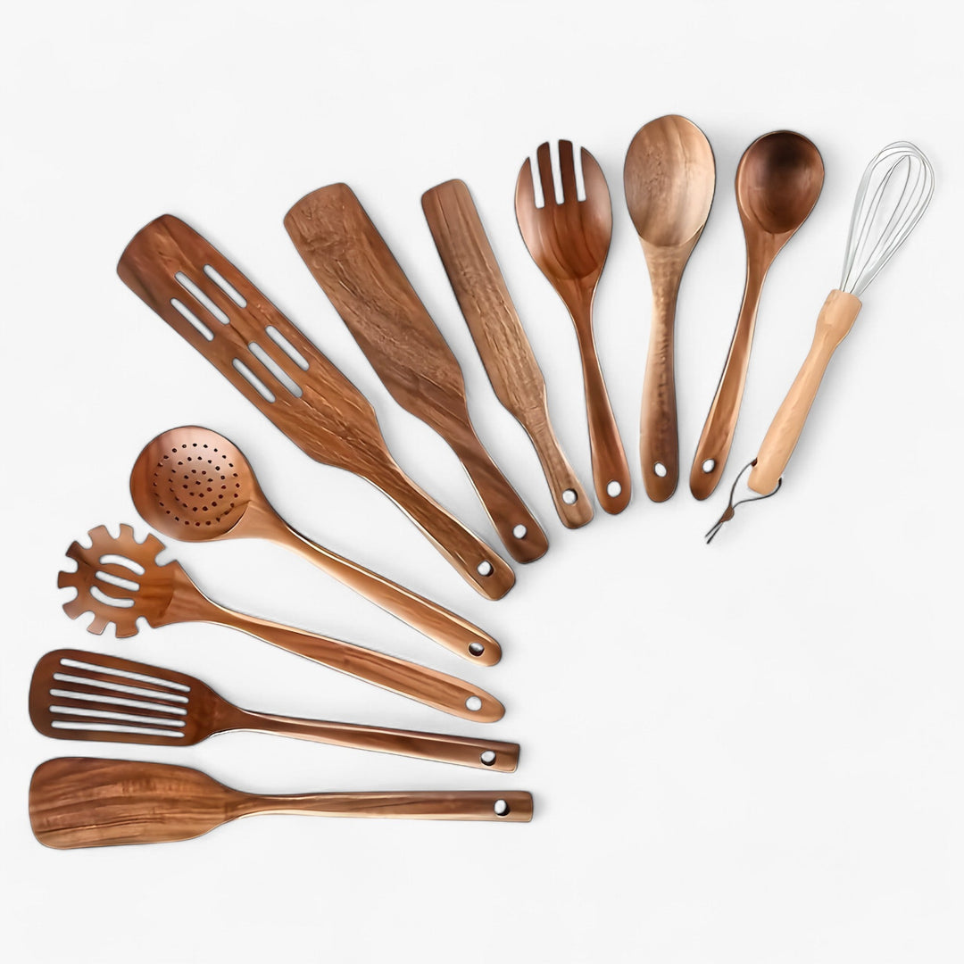 Set de utensilios de cocina de madera – 11 piezas con batidor y soporte