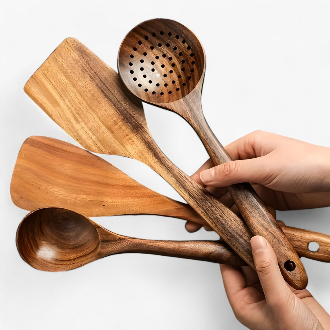 Set de utensilios de cocina de madera – 11 piezas con batidor y soporte