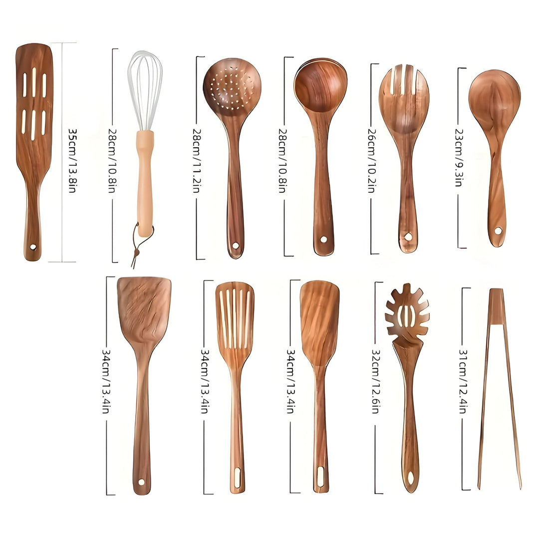 Set de utensilios de cocina de madera – 11 piezas con batidor y soporte