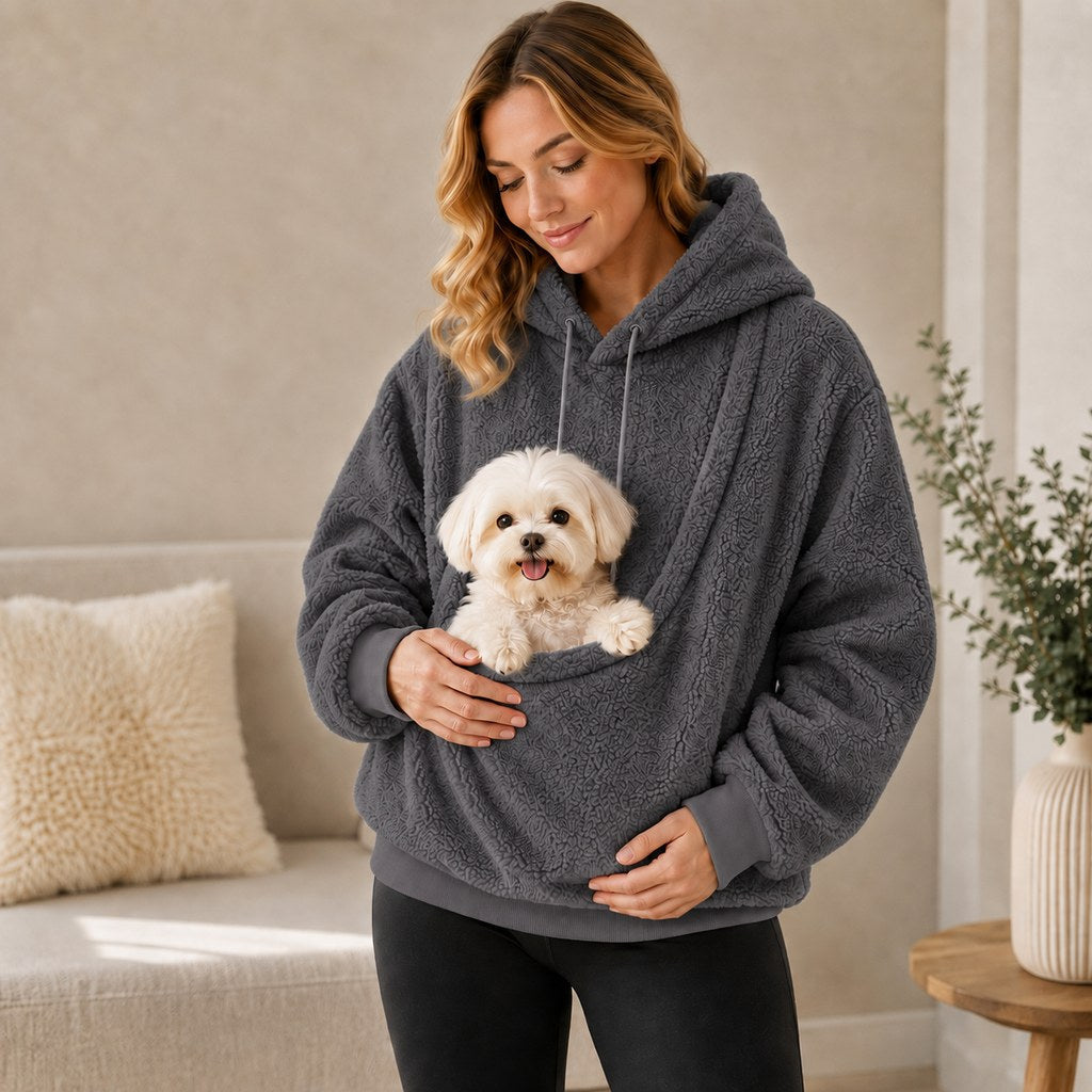 Sudadera con capucha y bolsillo frontal para transportar mascotas pequeñas – Perros y gatos – Cálida y acogedora
