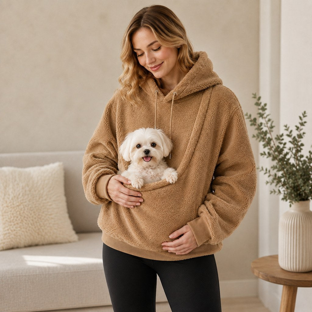 Sudadera con capucha y bolsillo frontal para transportar mascotas pequeñas – Perros y gatos – Cálida y acogedora