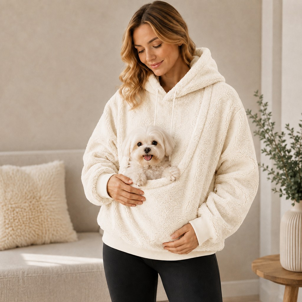 Sudadera con capucha y bolsillo frontal para transportar mascotas pequeñas – Perros y gatos – Cálida y acogedora