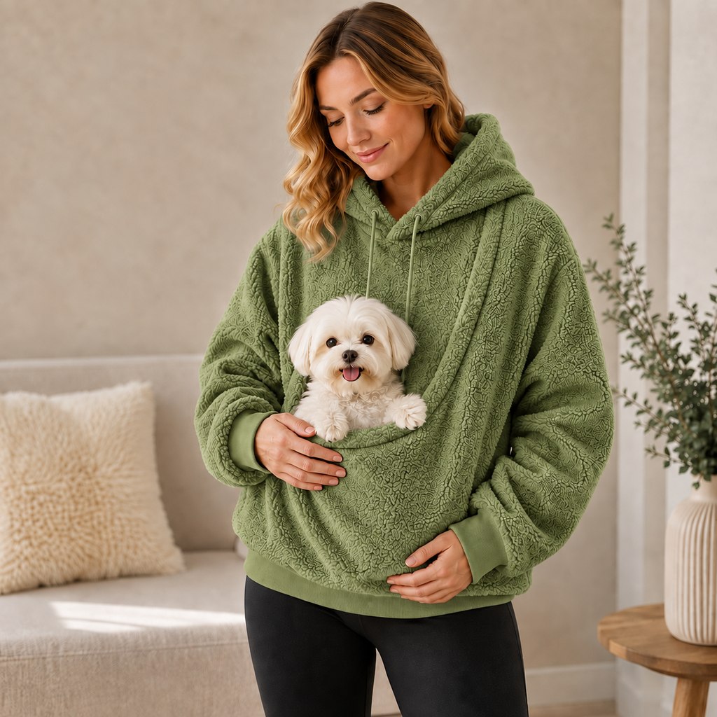 Sudadera con capucha y bolsillo frontal para transportar mascotas pequeñas – Perros y gatos – Cálida y acogedora