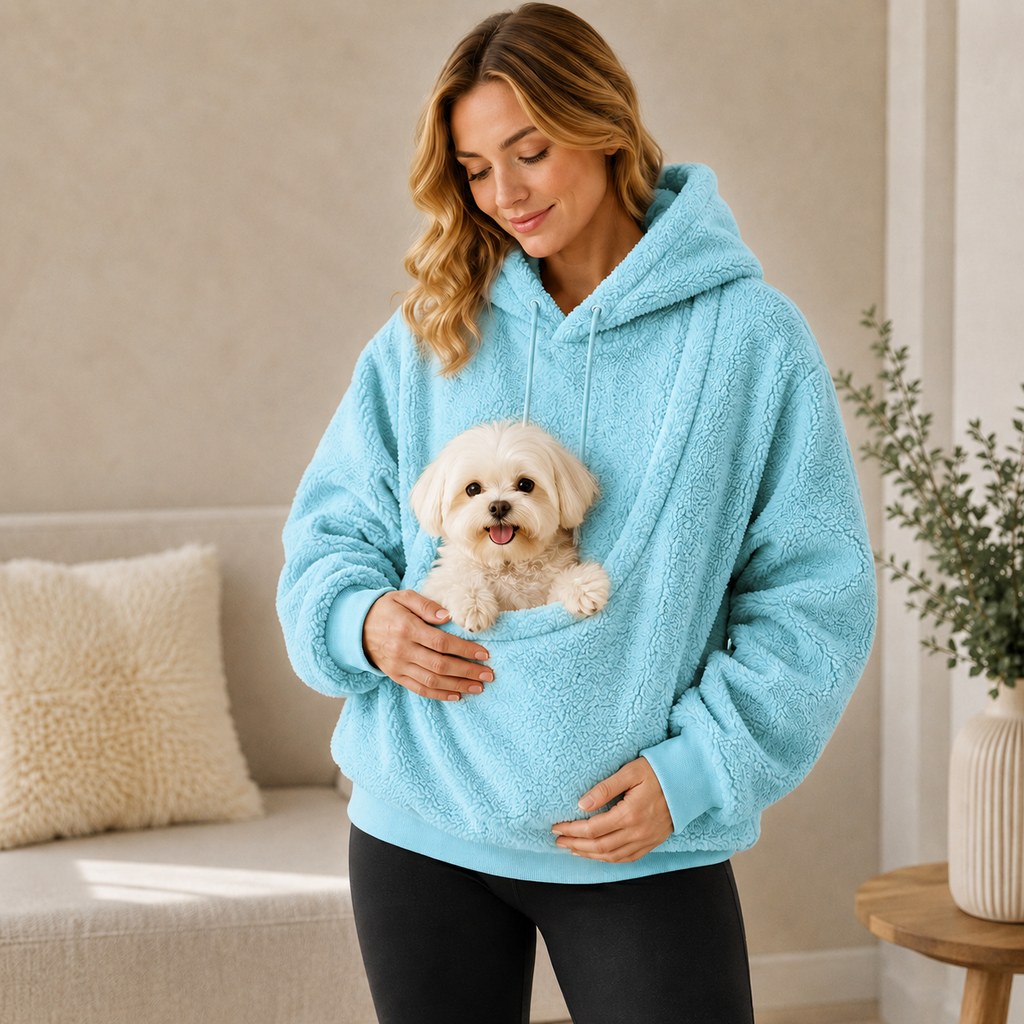 Sudadera con capucha y bolsillo frontal para transportar mascotas pequeñas – Perros y gatos – Cálida y acogedora