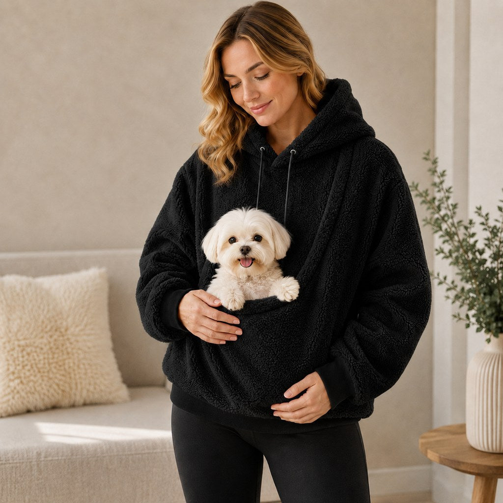 Sudadera con capucha y bolsillo frontal para transportar mascotas pequeñas – Perros y gatos – Cálida y acogedora