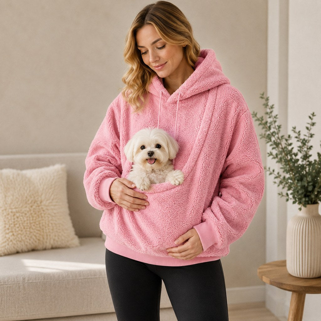 Sudadera con capucha y bolsillo frontal para transportar mascotas pequeñas – Perros y gatos – Cálida y acogedora