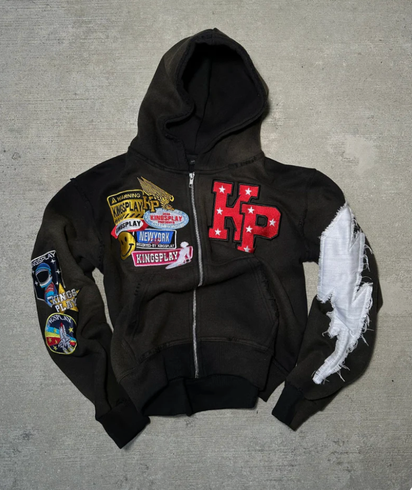 Sudadera con capucha y cremallera para hombre, estilo streetwear con efecto lavado, parches bordados y cremallera comple